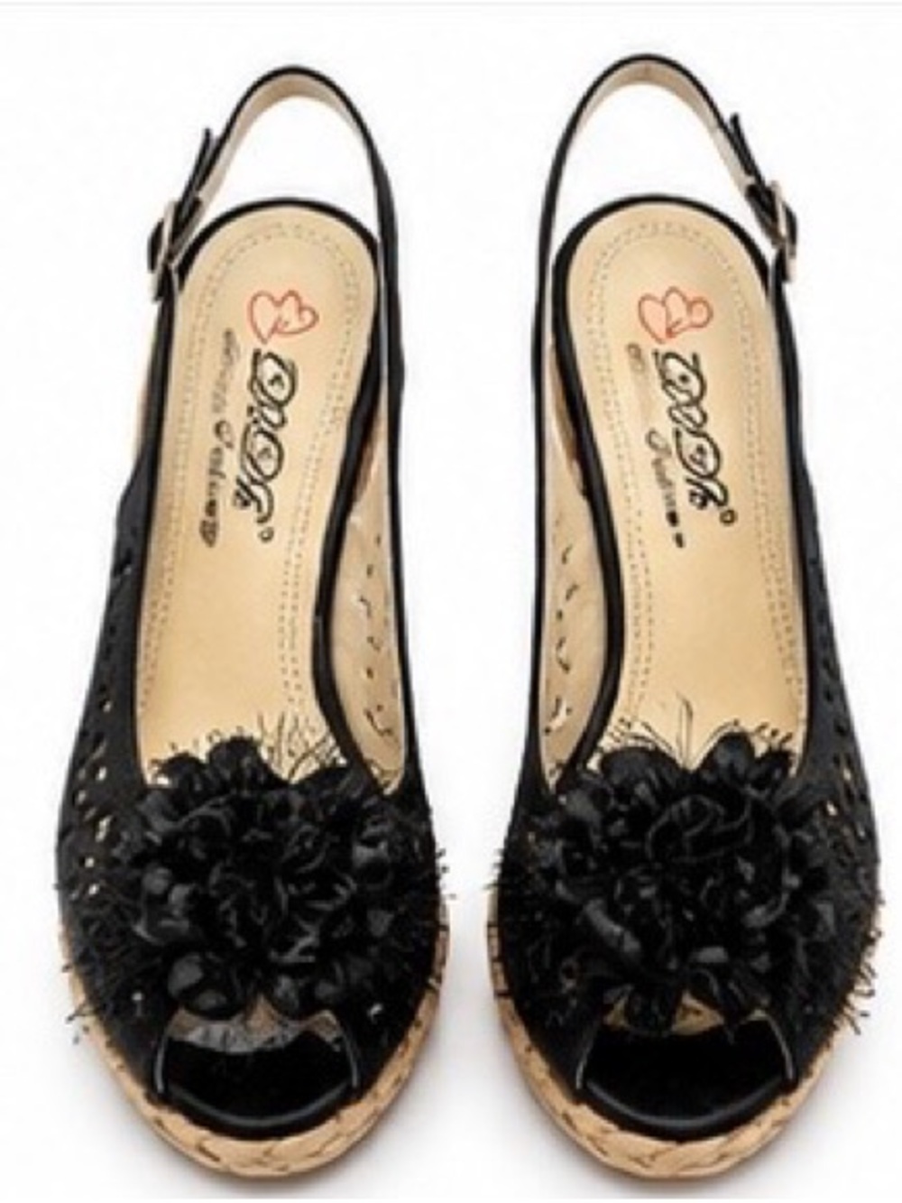 Size 9. DbDk Fashion Black Floral Peep-Toe Cork Wedge Sandals